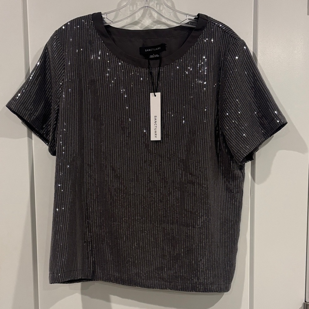 Sanctuary Womens Short Sleeve Sequin Blouse Large